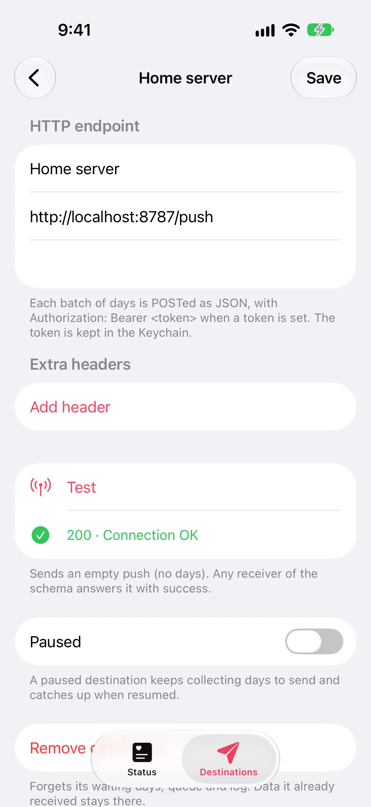A destination's settings: name, URL, bearer token, and a passing connection test