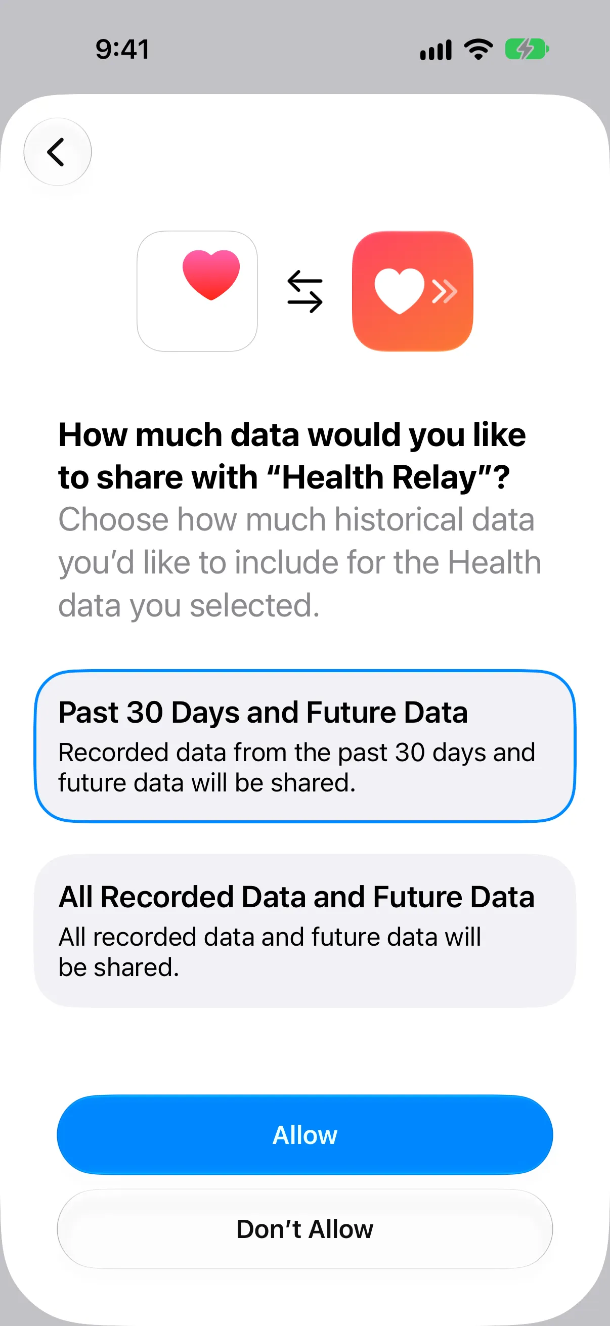 The iOS Health sheet asking how much historical data to share: Past 30 Days and Future Data, or All Recorded Data and Future Data