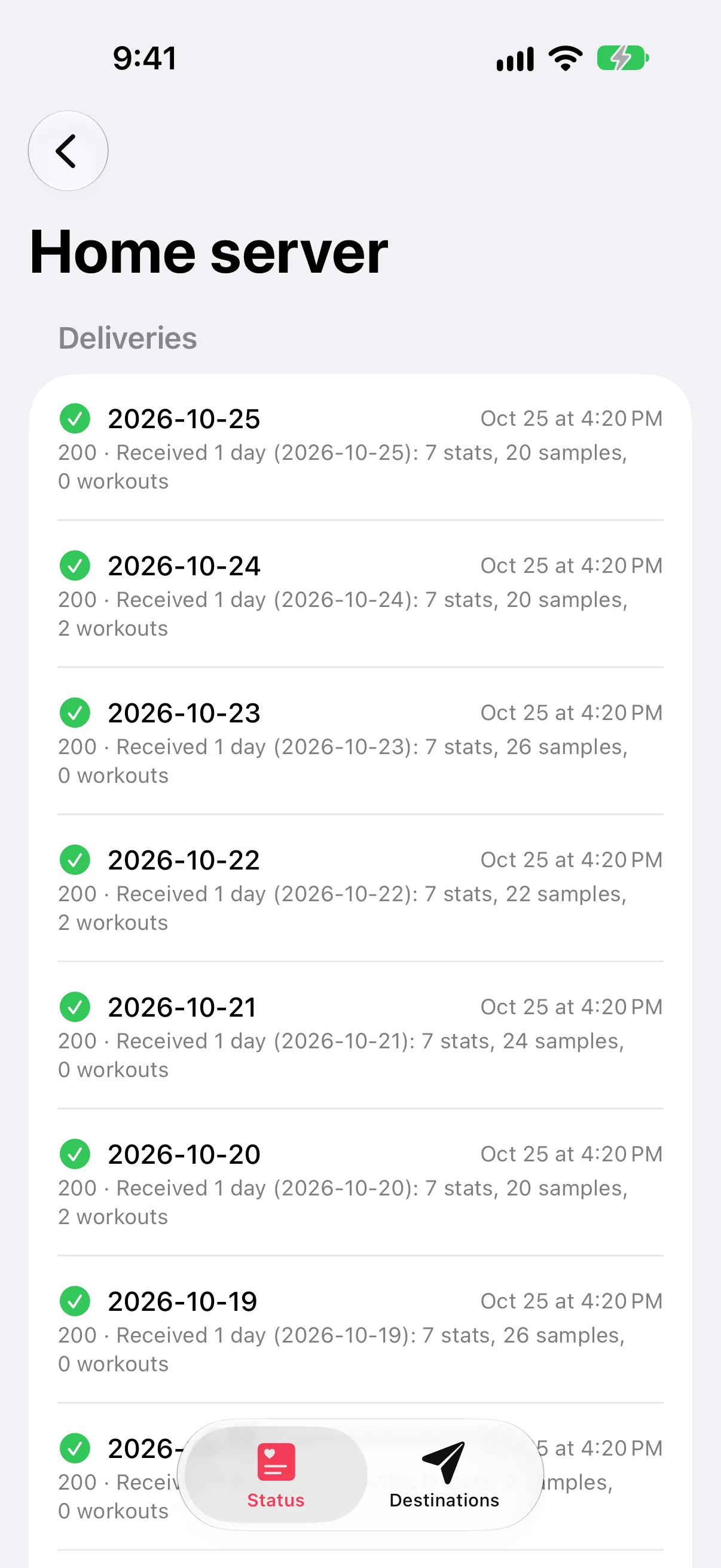A destination's delivery log: each batch of days with the receiver's answer