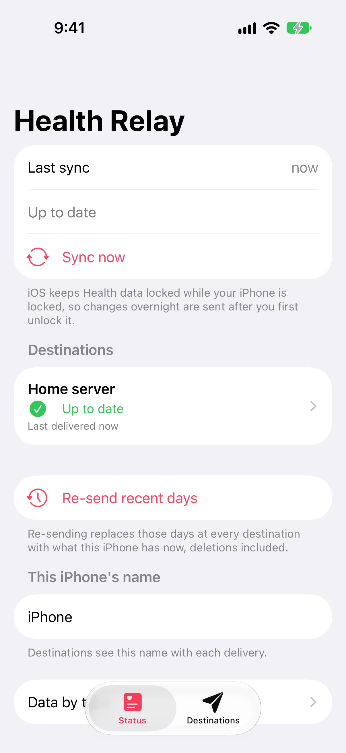 The Status tab: last sync, a destination that is up to date, and the sync and re-send actions